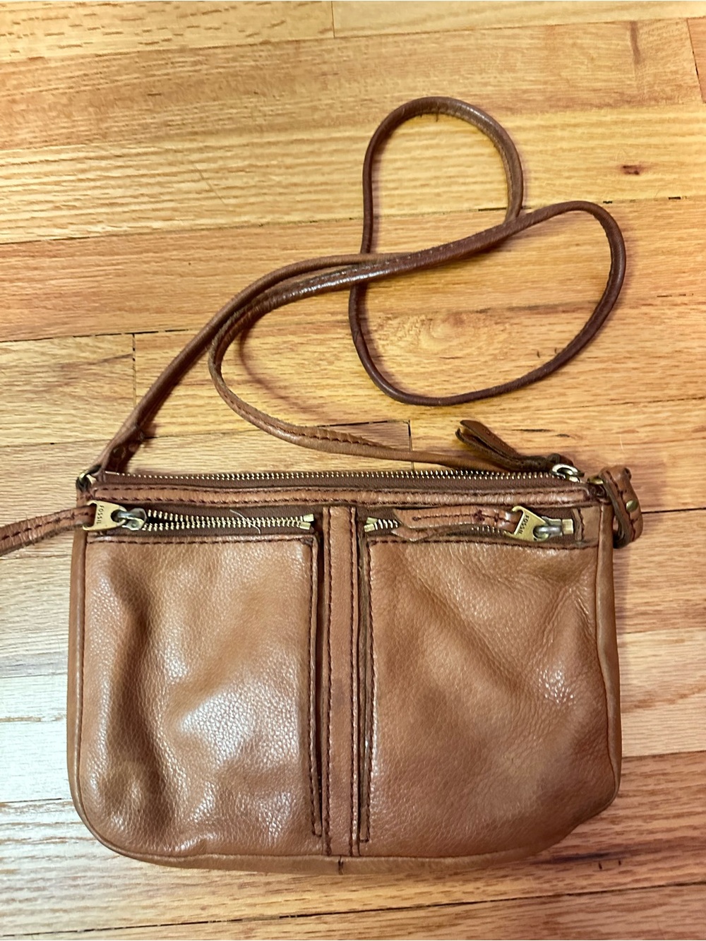 Vintage Y2K Fossil Brown Leather Crossbody Bag Double Zip Pockets
